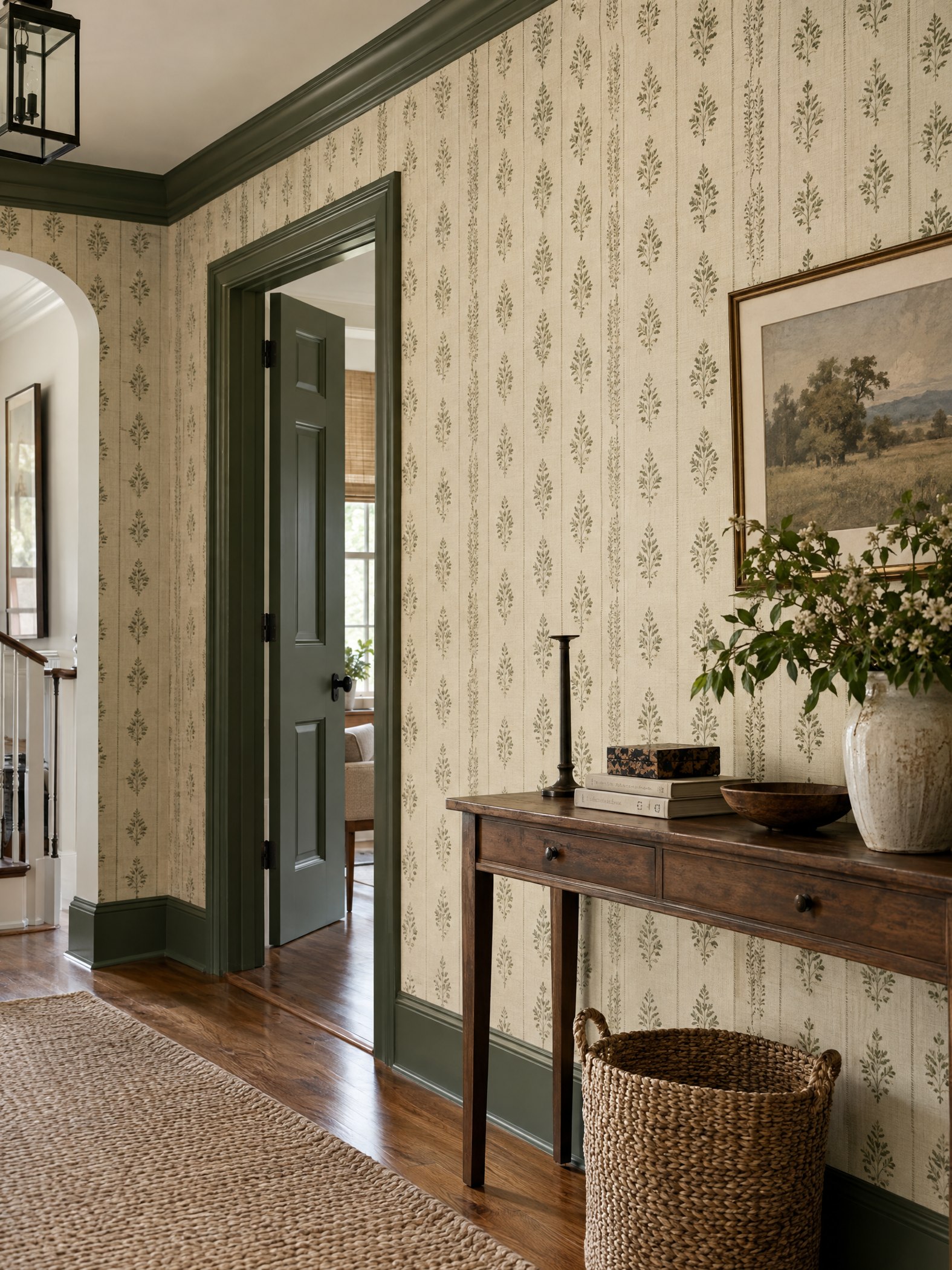 Small repeating wallpaper motifs beside forest-green doorway trim in a finished residential hallway