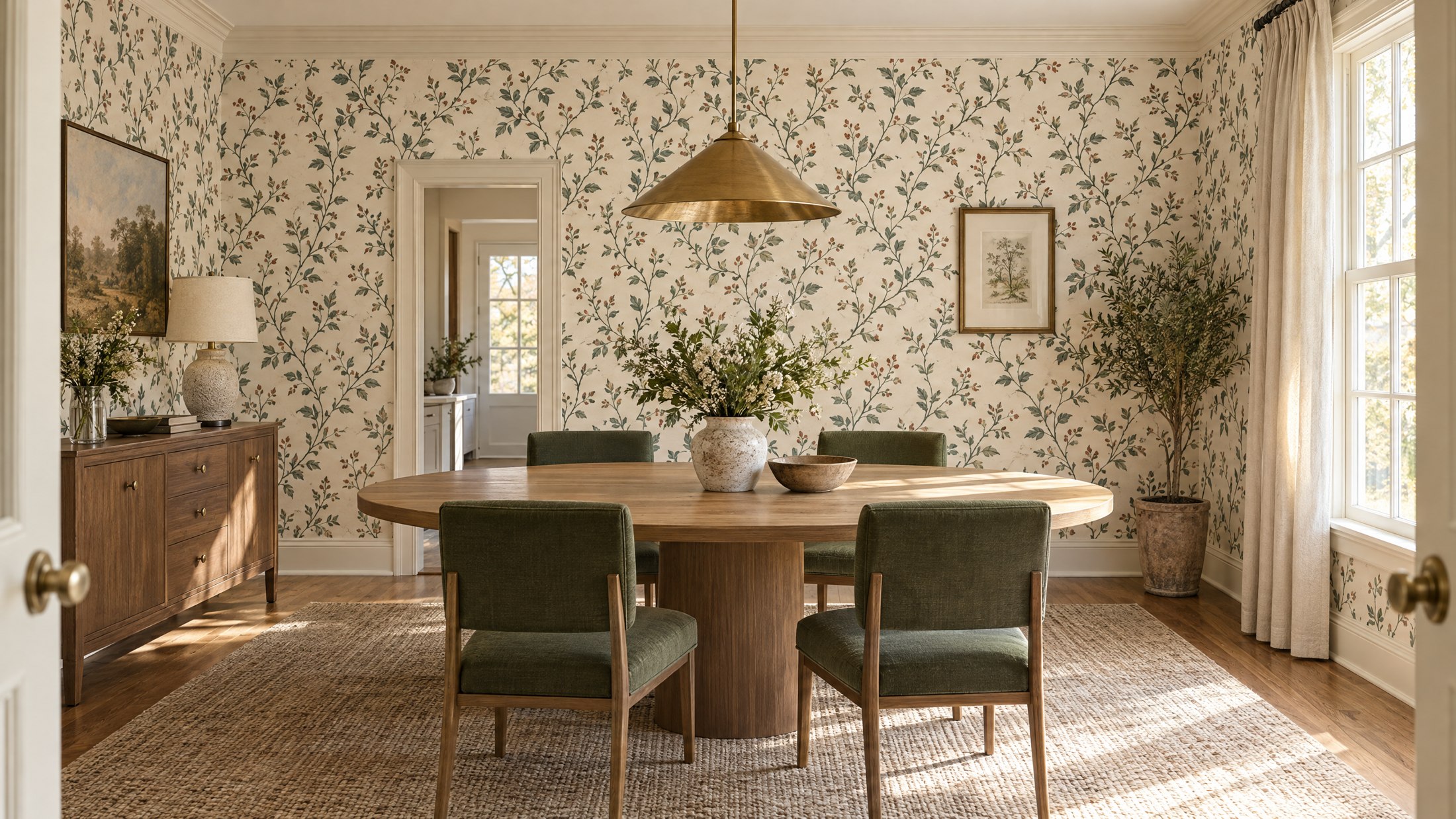 Cream and forest-green botanical wallpaper installed throughout a bright dining room with an oak table and green chairs